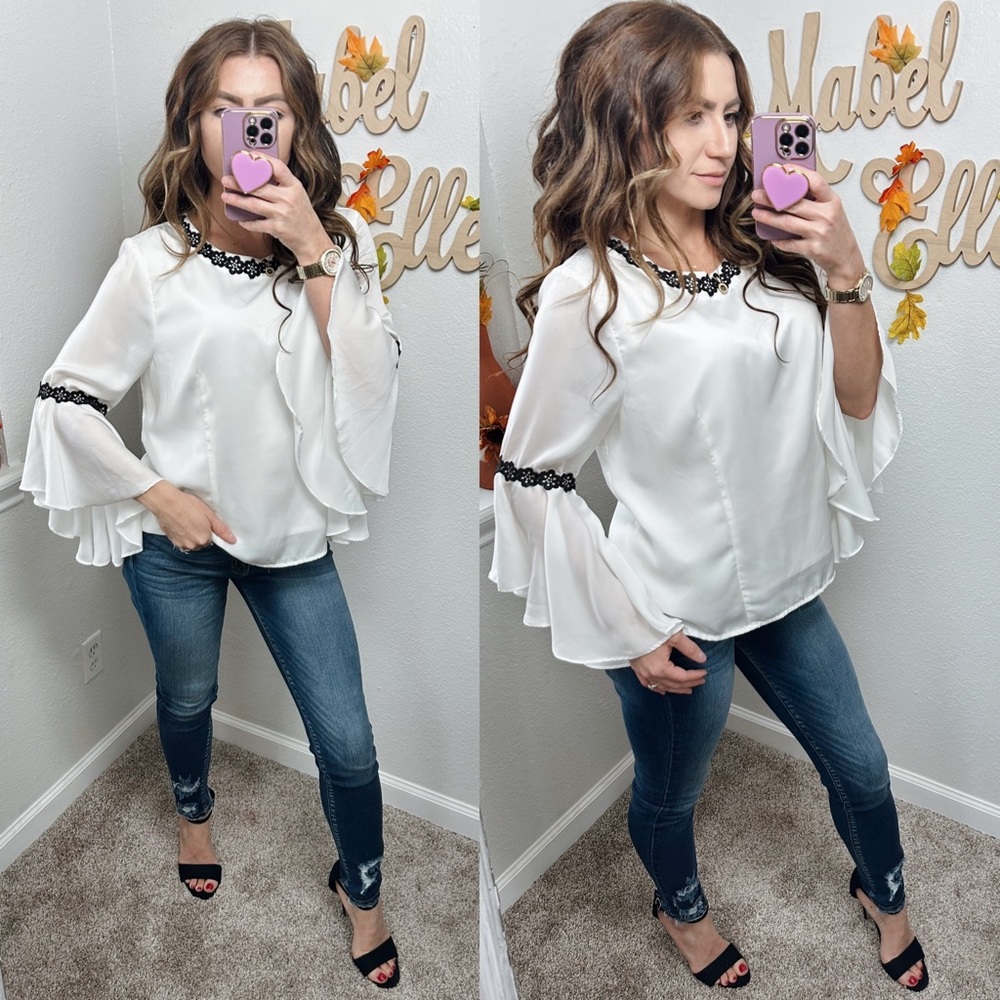 Nanette Lepore queen bee white laced bell sleeve top size Large